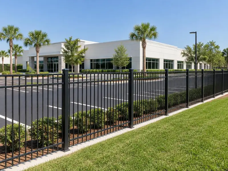 Black metal perimeter fence between a landscaped strip and a commercial building parking lot