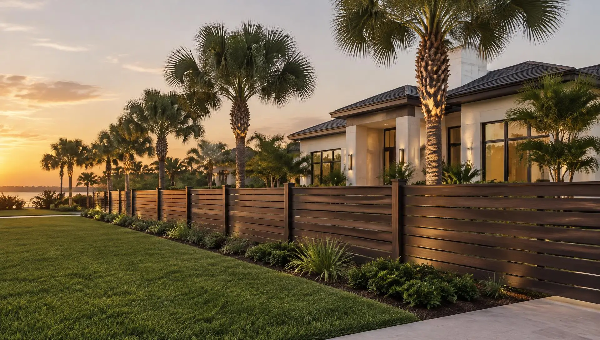 Dark-stained horizontal wood privacy fence along a landscaped Florida home at sunset