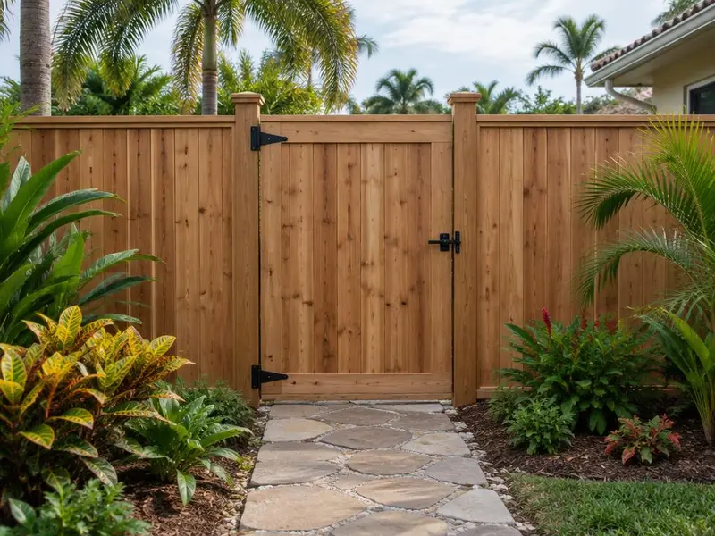 Wooden walk gate with black hinges set into a matching wood privacy fence