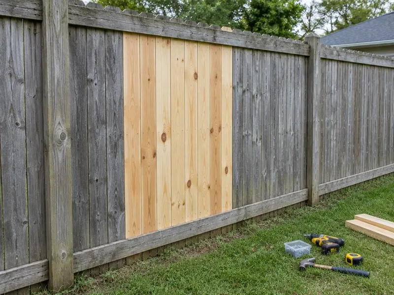 Weathered fence with one newly replaced section and hand tools on the grass
