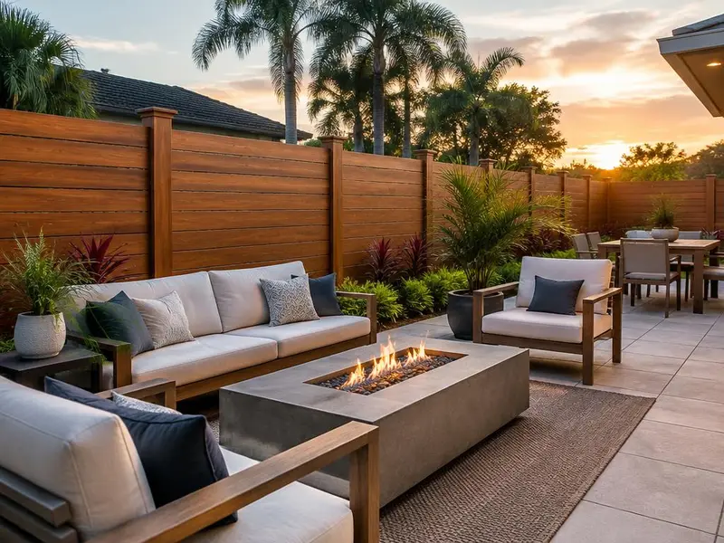 Backyard patio enclosed by a tall horizontal wood privacy fence at dusk