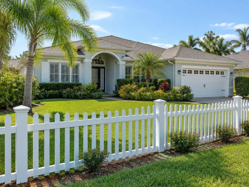 Florida home with a white picket fence across the front lawn