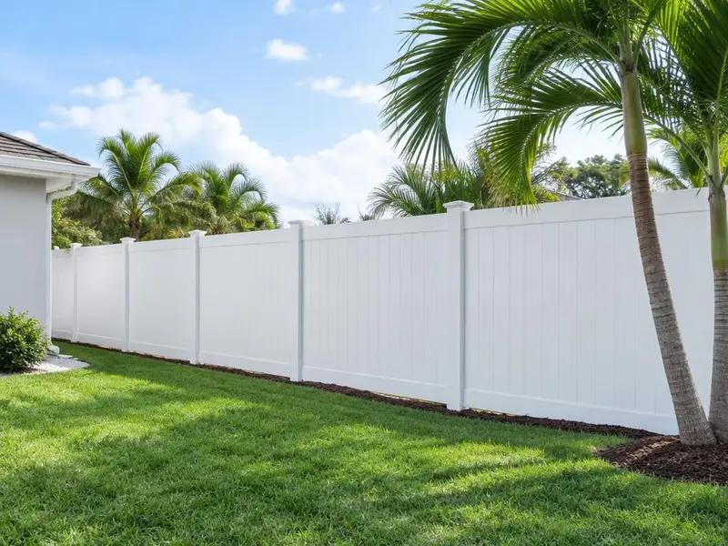White vinyl privacy fence behind a Florida backyard with palm trees