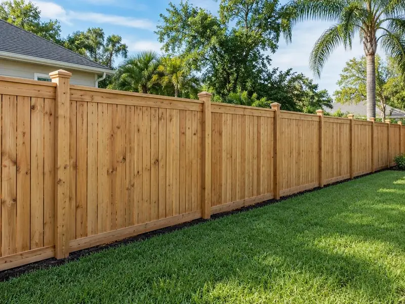 New wood privacy fence with capped posts along a green backyard lawn